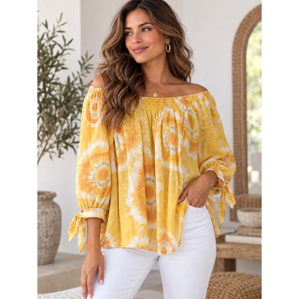 Unique Spectrum Mlle Gabrielle Blouse Womens M Yellow Rayon Off Shoulder Boho